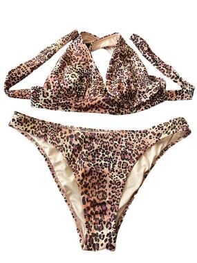 Shade & Shore 2 PC Bikini Animal Print Size Small Brown Pink Halter Swimwear